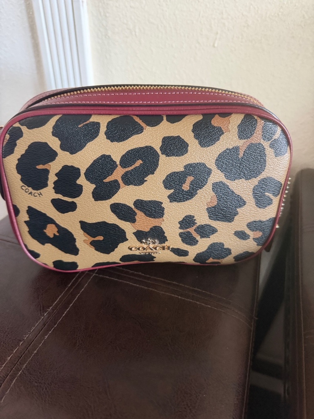 Coach Leopard Print isla chain  Crossbody Black and burgundy